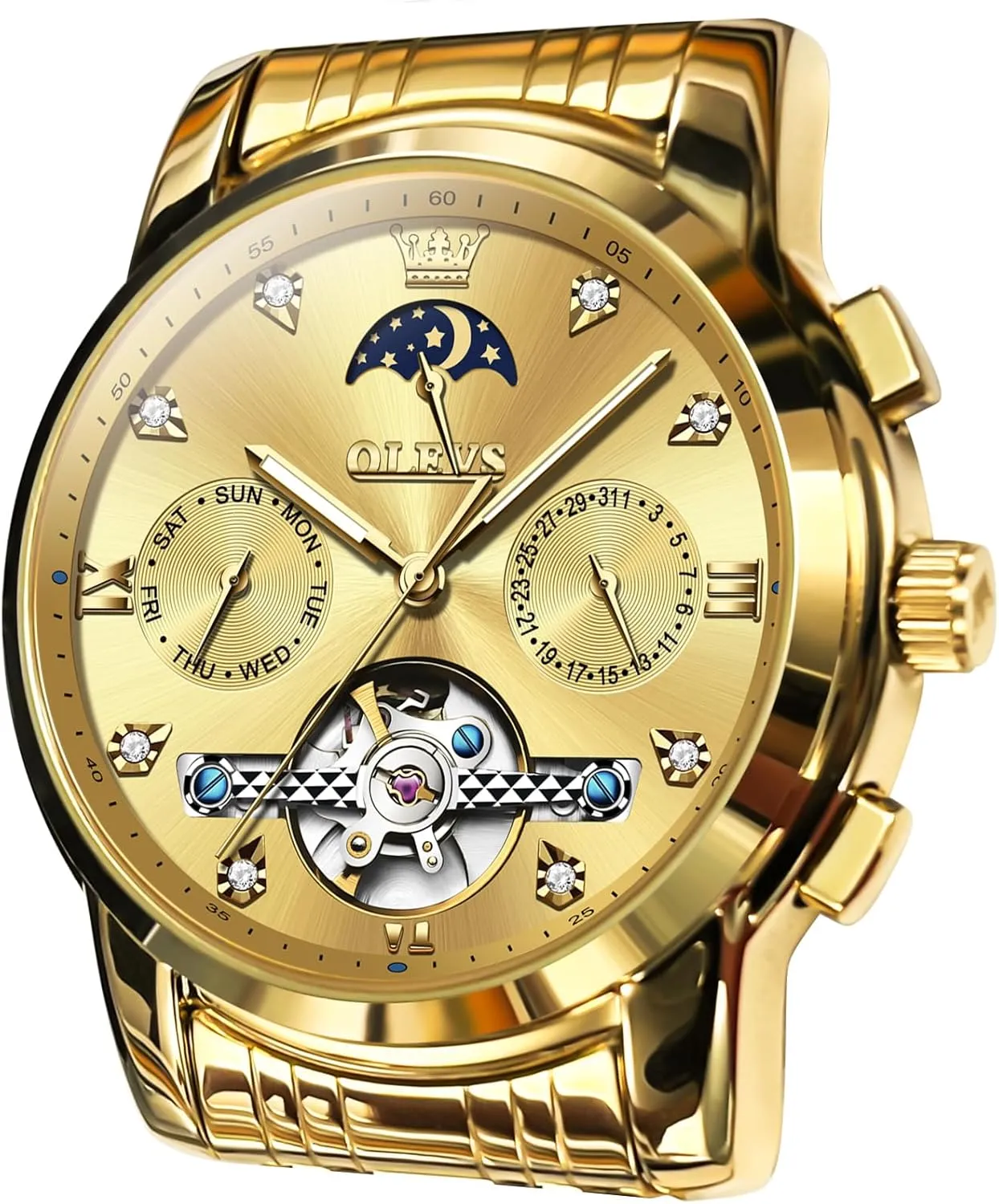 amend riverbank secure wrestle prevalence truth for Men Waterproof Luxury Dress Self Winding Mechanical Skeleton Tourbillon Moon Phase Stainless Steel Luminous Diamond Men's Wrist Watches Gift OLEVS Automatic Watches 