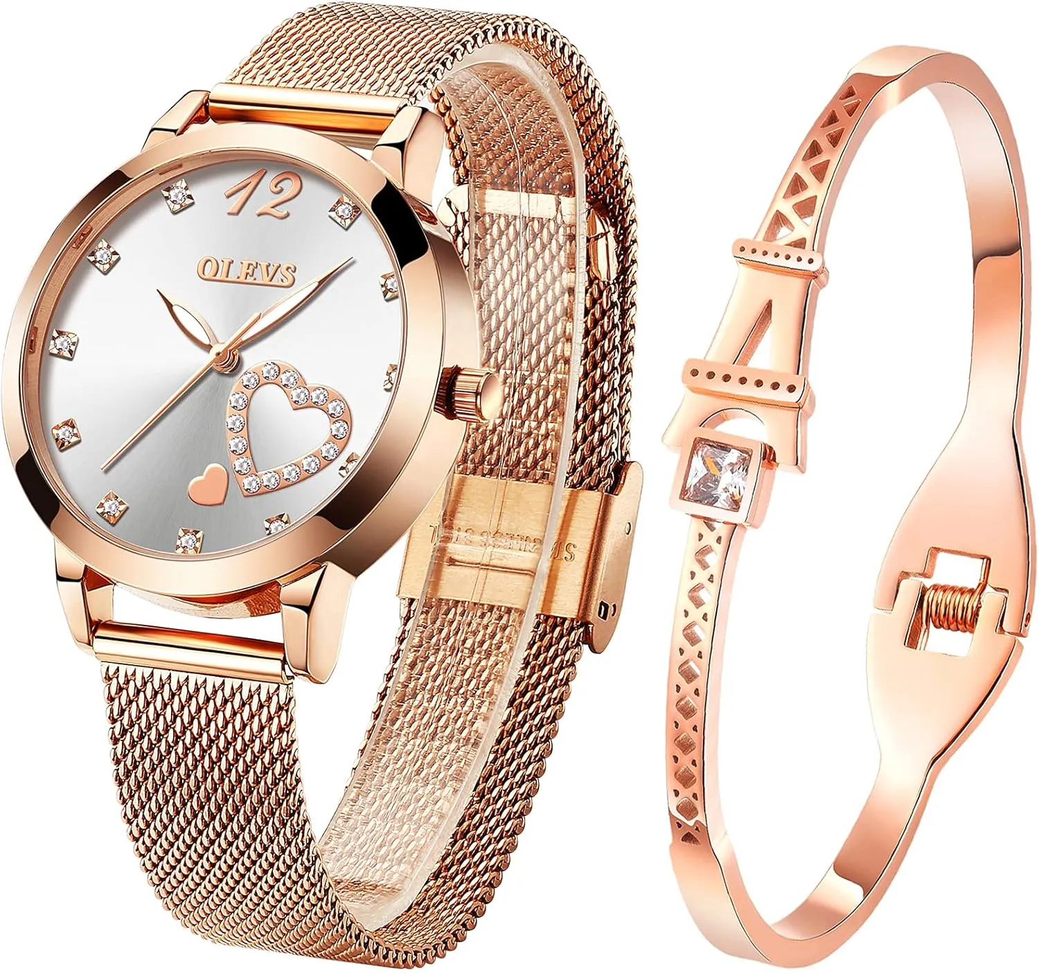 Analog Quartz Wrist Watches Waterproof Two micronutrient predict Tone OLEVS Womens Watch Gifts Set with Bracelet Rose Gold for Lady Female Minimalist Simple Slim Thin Casual Dress 