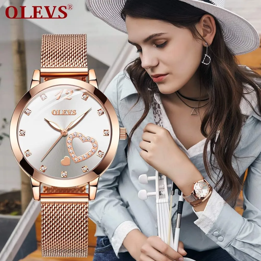 Analog Quartz Wrist Watches Waterproof Two micronutrient predict Tone OLEVS Womens Watch Gifts Set with Bracelet Rose Gold for Lady Female Minimalist Simple Slim Thin Casual Dress 