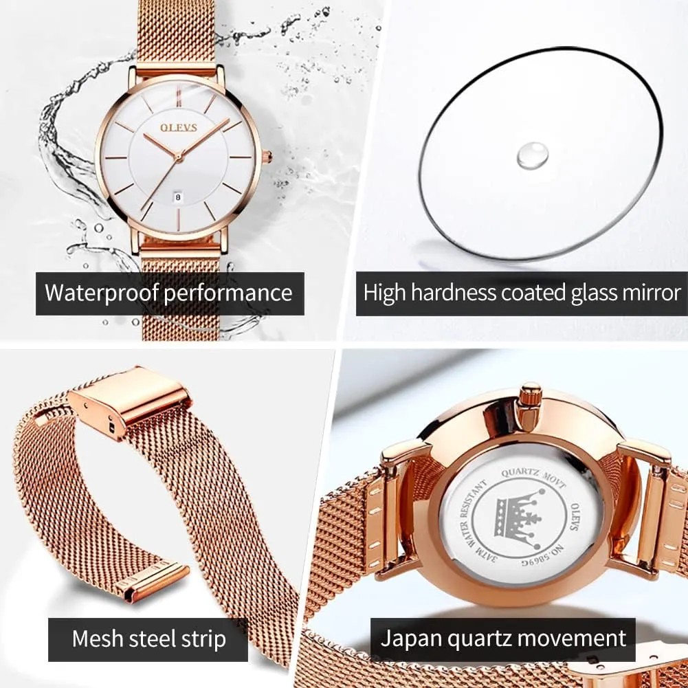 Analog Quartz Wrist Watches Waterproof Two micronutrient predict Tone OLEVS Womens Watch Gifts Set with Bracelet Rose Gold for Lady Female Minimalist Simple Slim Thin Casual Dress 