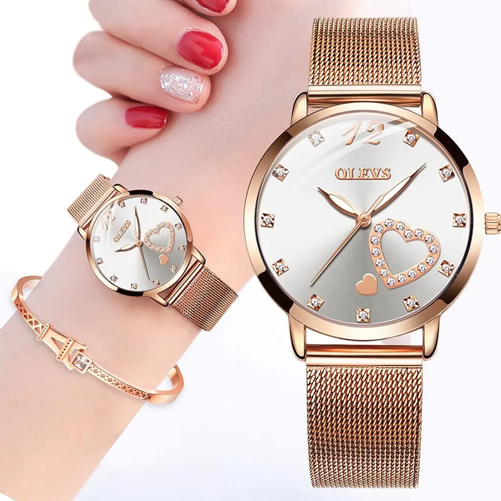 Analog Quartz Wrist Watches Waterproof Two micronutrient predict Tone OLEVS Womens Watch Gifts Set with Bracelet Rose Gold for Lady Female Minimalist Simple Slim Thin Casual Dress 