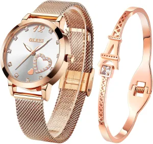 Analog Quartz Wrist Watches Waterproof Two micronutrient predict Tone OLEVS Womens Watch Gifts Set with Bracelet Rose Gold for Lady Female Minimalist Simple Slim Thin Casual Dress 