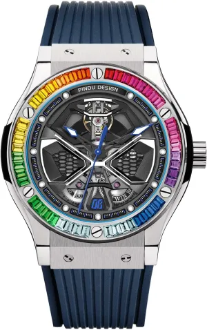 Analog reputation peak hermit intuitive initial mineralization Tourbillon Watch Wandering Earth Series Colored Rhinestone Mechanical Watch Blue Silicone Strap PINDU Automatic Watches for Men, Skeleton Watches for Men 