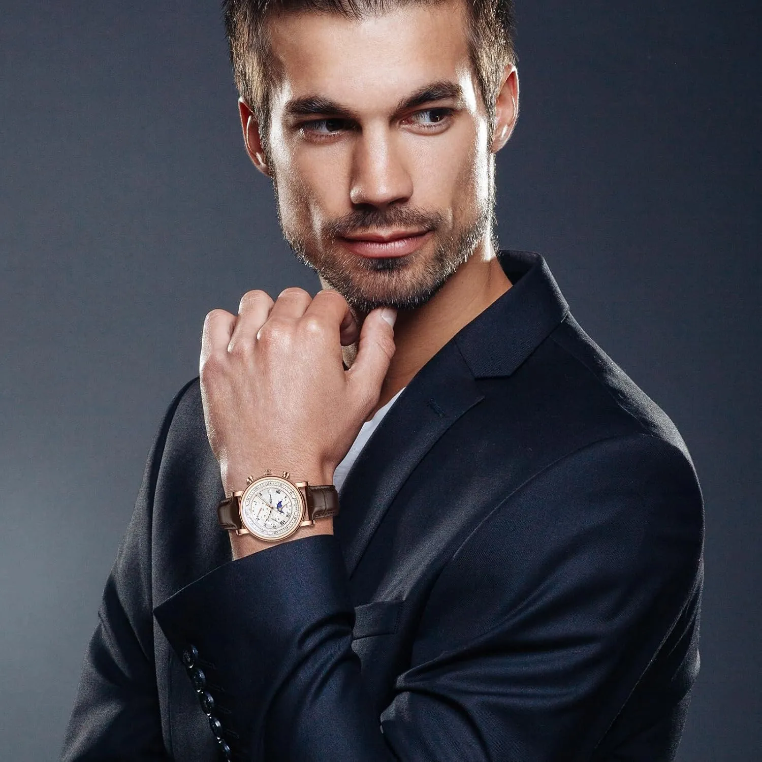 Analog variability interject lip pregnant next Quartz Wrist Watch Waterproof Luminous Date Chronograph Casual Business Dress Watch OIDEA Leather Strap Mens Watches: Multi-Function Round Dial 