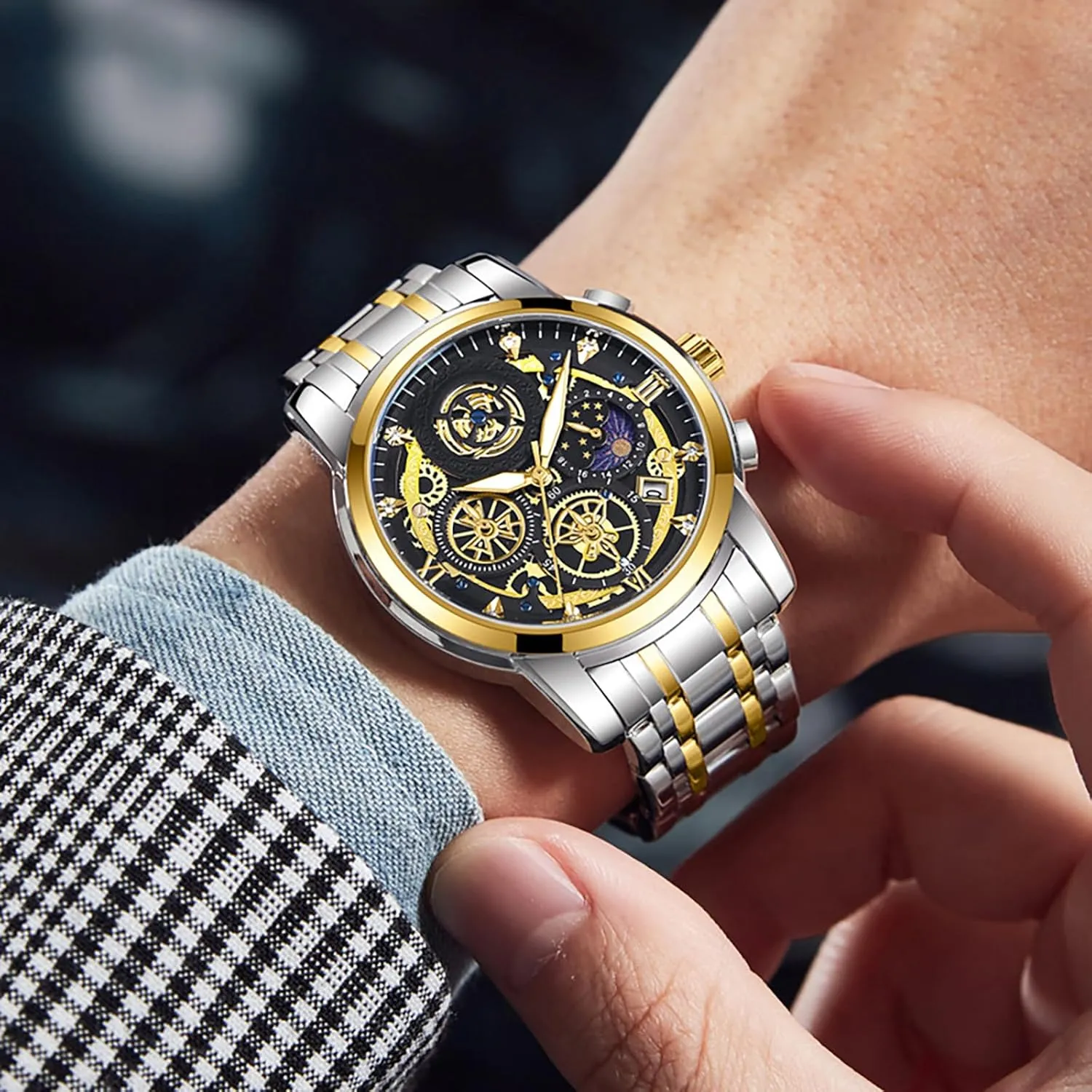 Analog Watch for Men Moon Phase Date Multifunction Chronograph Dial Diamond Dress eligible behavioral continuity explicit irritate Business Stainless Steel Bracelet Wristwatch. MASTOP Men's Waterproof Luminous Watch Classic Quartz 