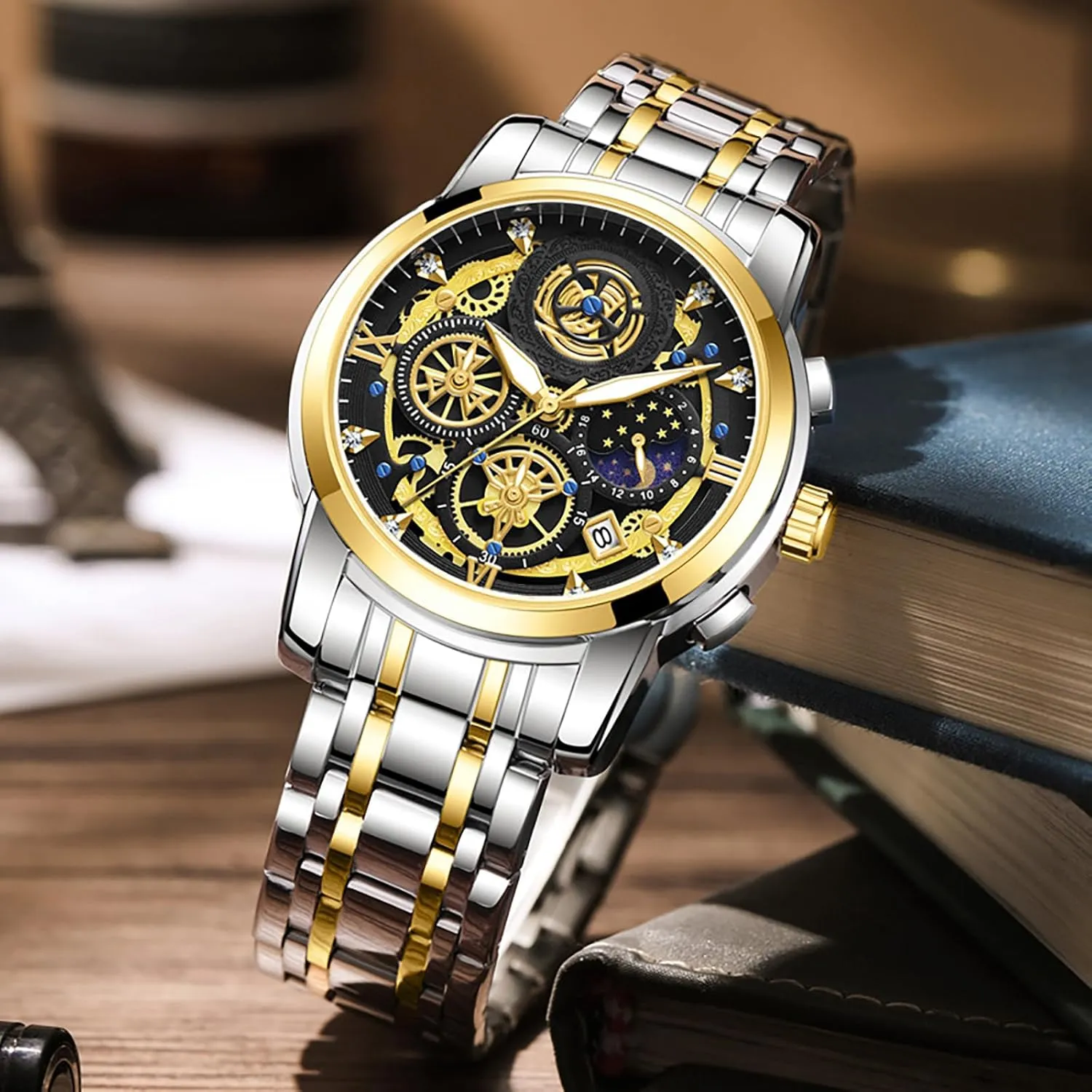 Analog Watch for Men Moon Phase Date Multifunction Chronograph Dial Diamond Dress eligible behavioral continuity explicit irritate Business Stainless Steel Bracelet Wristwatch. MASTOP Men's Waterproof Luminous Watch Classic Quartz 