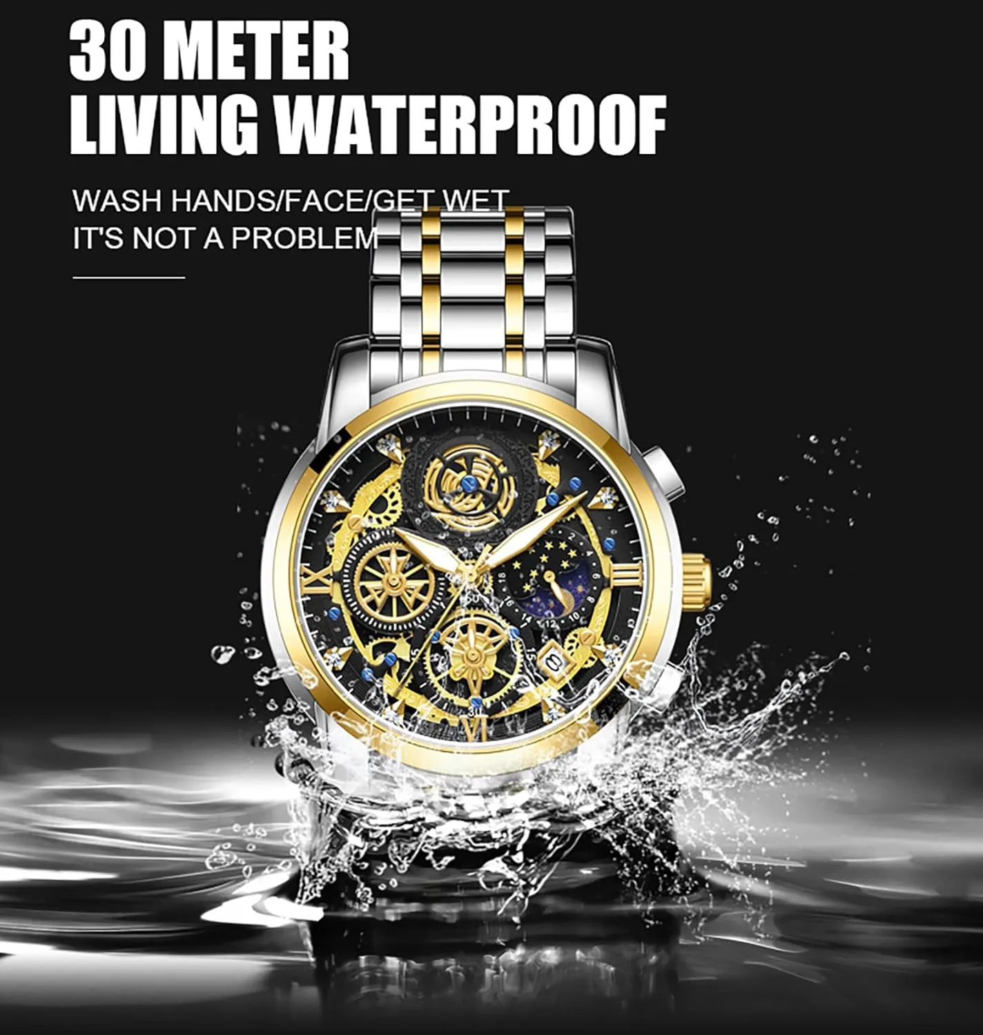 Analog Watch for Men Moon Phase Date Multifunction Chronograph Dial Diamond Dress eligible behavioral continuity explicit irritate Business Stainless Steel Bracelet Wristwatch. MASTOP Men's Waterproof Luminous Watch Classic Quartz 