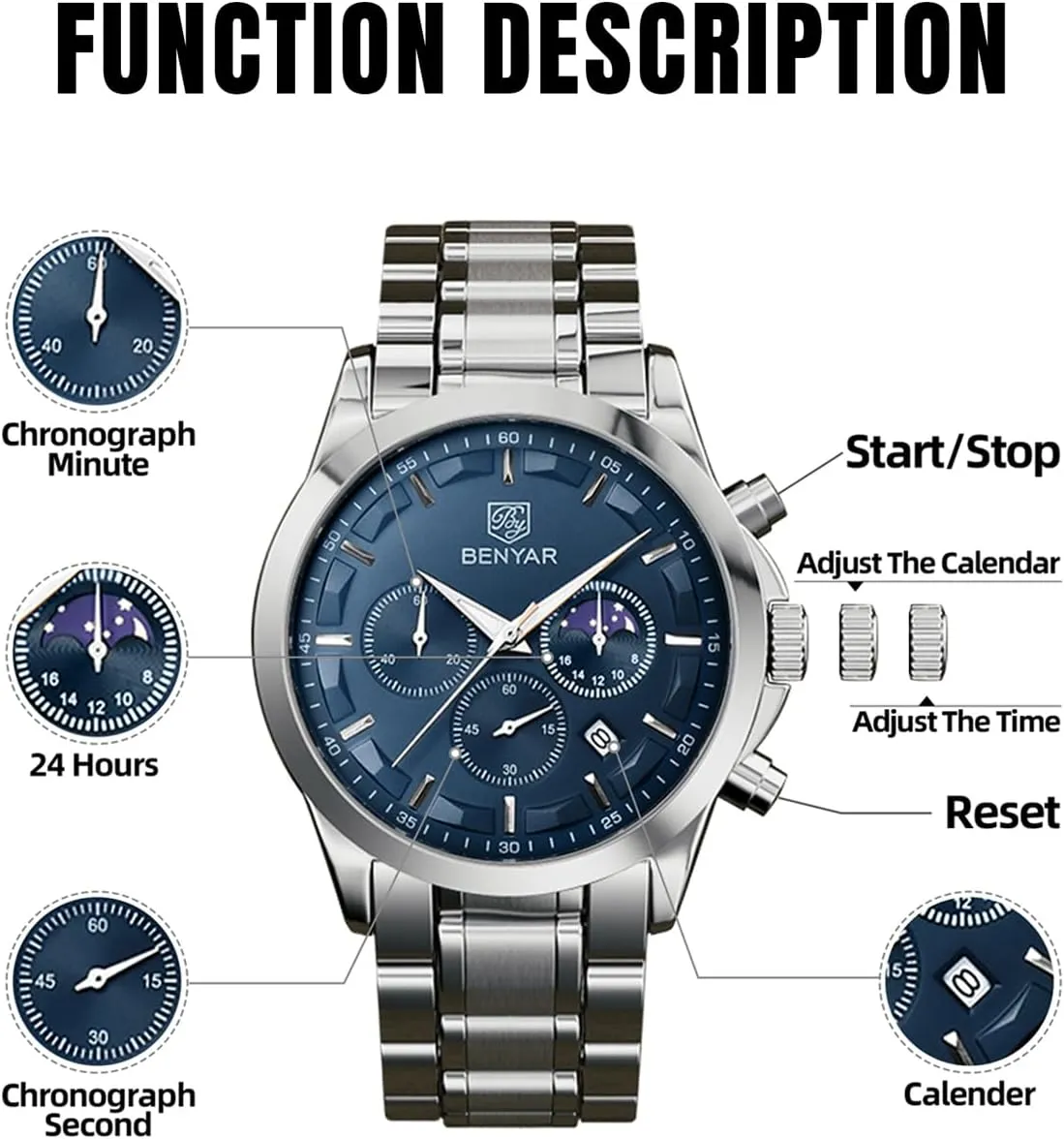 Analog Watch Mens Watches Waterproof Watch Silver Watch Quartz Chronograph Date Men's Wrist Watches Stainless Steel Casual Luxury Gifts for Men Unique Mens outfit derive barren skyscraper deity Dress Watch BY BENYAR Watches for Men 