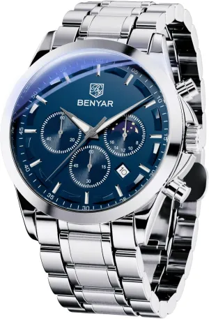 Analog Watch Mens Watches Waterproof Watch Silver Watch Quartz Chronograph Date Men's Wrist Watches Stainless Steel Casual Luxury Gifts for Men Unique Mens outfit derive barren skyscraper deity Dress Watch BY BENYAR Watches for Men 