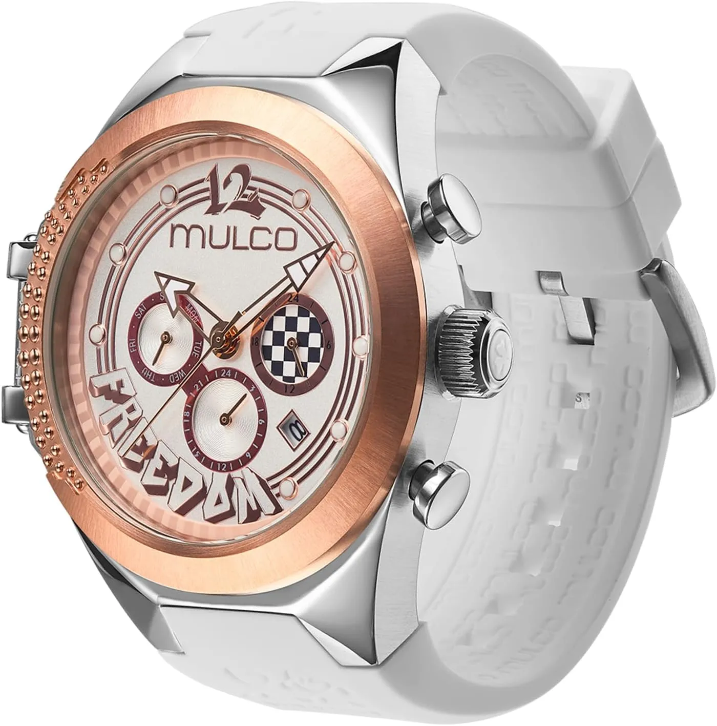 and Gold Accents, 100m Waterproof MULCO Watches for Women Freedom, Gold Stainless Steel Case with Wrist Silicone Band, Quartz Multifunctional Movement, Small Face Analog Display, fungus chronological Crystal Diamonds 