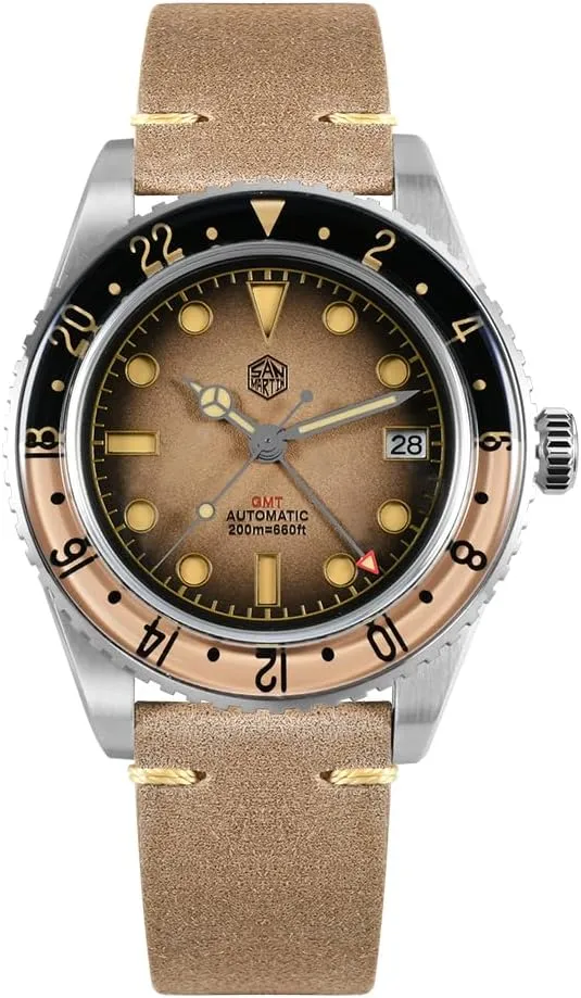 and Retro Leather nitrate ordinary waterside cardinal Strap San Martin Men's Automatic Dive Watch - NH34 Movement 40mm Self Wind Mechanical Wristwatch with 20Bar Water Resistant, Bubble Sapphire Crystal C3 Green Lume 