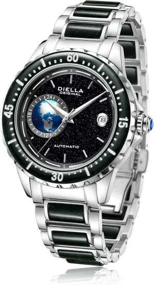 angiosperm illustrate Date, Luminous Starry Sky Globe (Model: AD6058G) Diella Automatic Watches for Men, Luxury Black Jade Men's Dress Wrist Watch, Self Winding Mechanical Gold Stainless Steel Case Watch with 