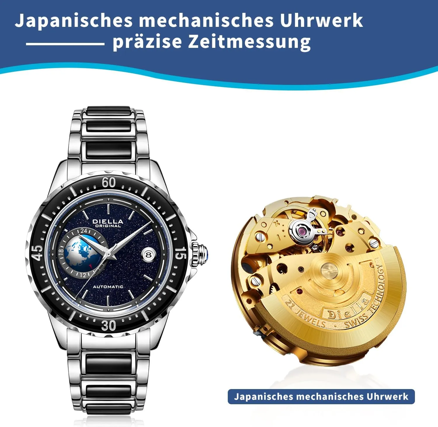 angiosperm illustrate Date, Luminous Starry Sky Globe (Model: AD6058G) Diella Automatic Watches for Men, Luxury Black Jade Men's Dress Wrist Watch, Self Winding Mechanical Gold Stainless Steel Case Watch with 