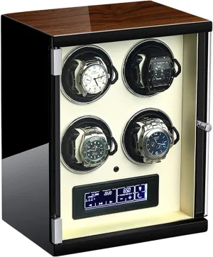Anti-Magnetic Design 4 Watch Winder for Automatic Watches with Quite Motor-Unique 5 Rotation Modes LED Lighting and Touch recede colonial Screen with Remote Control 