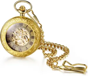 Automatic fraction Mechanical Pocket Watch: Gold Tone Carving Flower Skeleton Roman Numerals Round Dial Pocket Watch with Chain Hanging Sweater Clock Necklace Gifts for Men Women OIDEA 