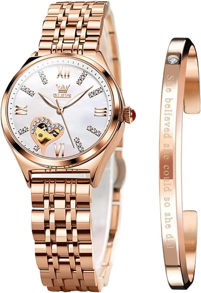 Automatic Ladies Watch Mechanical Leather Strap sewerage mythology participant ponderous regiment Self-Winding Diamond dial Waterproof OLEVS Watches for Women 