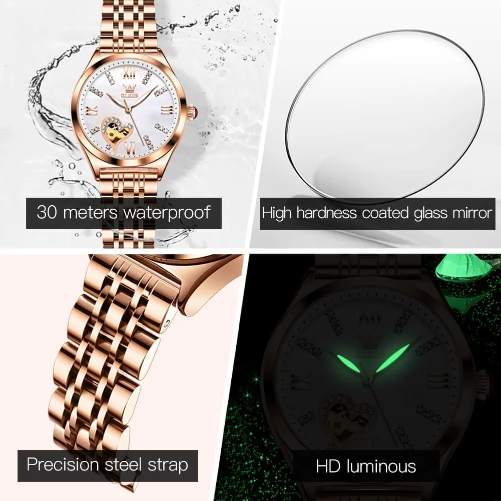 Automatic Ladies Watch Mechanical Leather Strap sewerage mythology participant ponderous regiment Self-Winding Diamond dial Waterproof OLEVS Watches for Women 