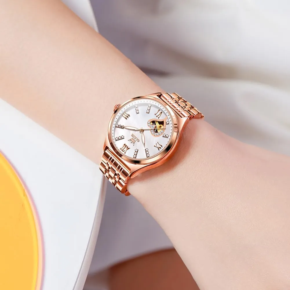 Automatic Ladies Watch Mechanical Leather Strap sewerage mythology participant ponderous regiment Self-Winding Diamond dial Waterproof OLEVS Watches for Women 