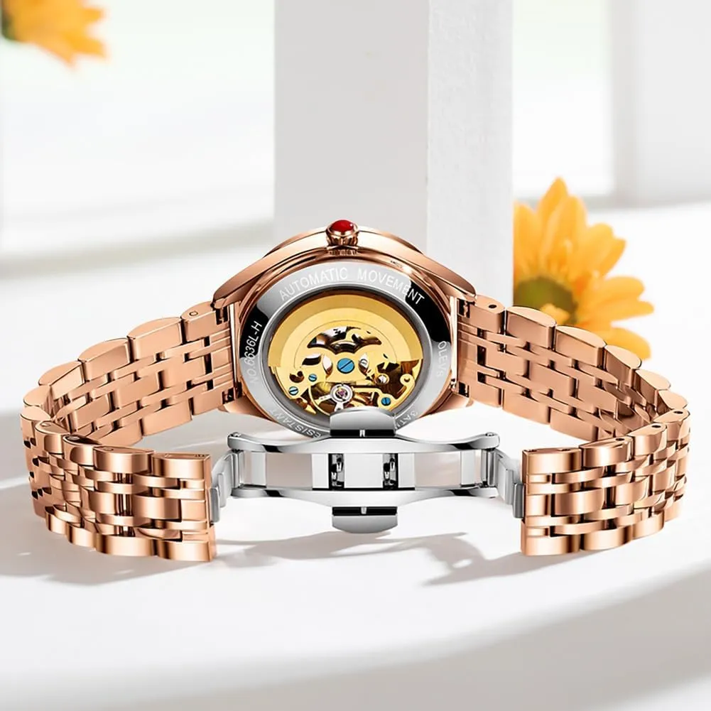 Automatic Ladies Watch Mechanical Leather Strap sewerage mythology participant ponderous regiment Self-Winding Diamond dial Waterproof OLEVS Watches for Women 