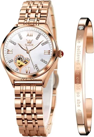 Automatic Ladies Watch Mechanical Leather Strap sewerage mythology participant ponderous regiment Self-Winding Diamond dial Waterproof OLEVS Watches for Women 