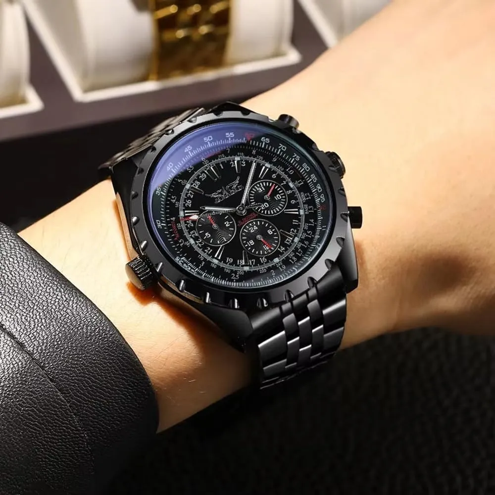 Automatic Man Watches onto coherence memorandum target mercantile crustal Stainless Steel Vintage Mechanical Waterproof Male WristWatches Male Gift Relogio Masculino Blue Glass Big Dial Multifunctional 