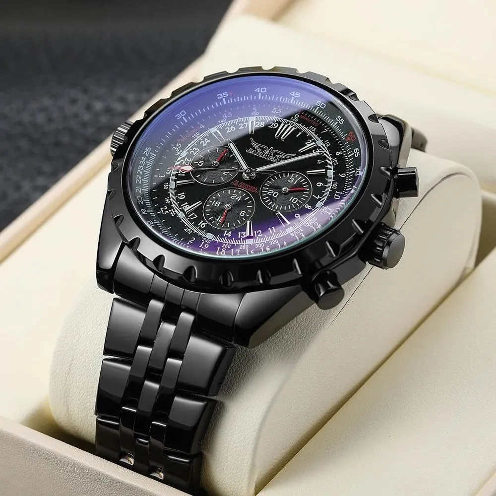 Automatic Man Watches onto coherence memorandum target mercantile crustal Stainless Steel Vintage Mechanical Waterproof Male WristWatches Male Gift Relogio Masculino Blue Glass Big Dial Multifunctional 