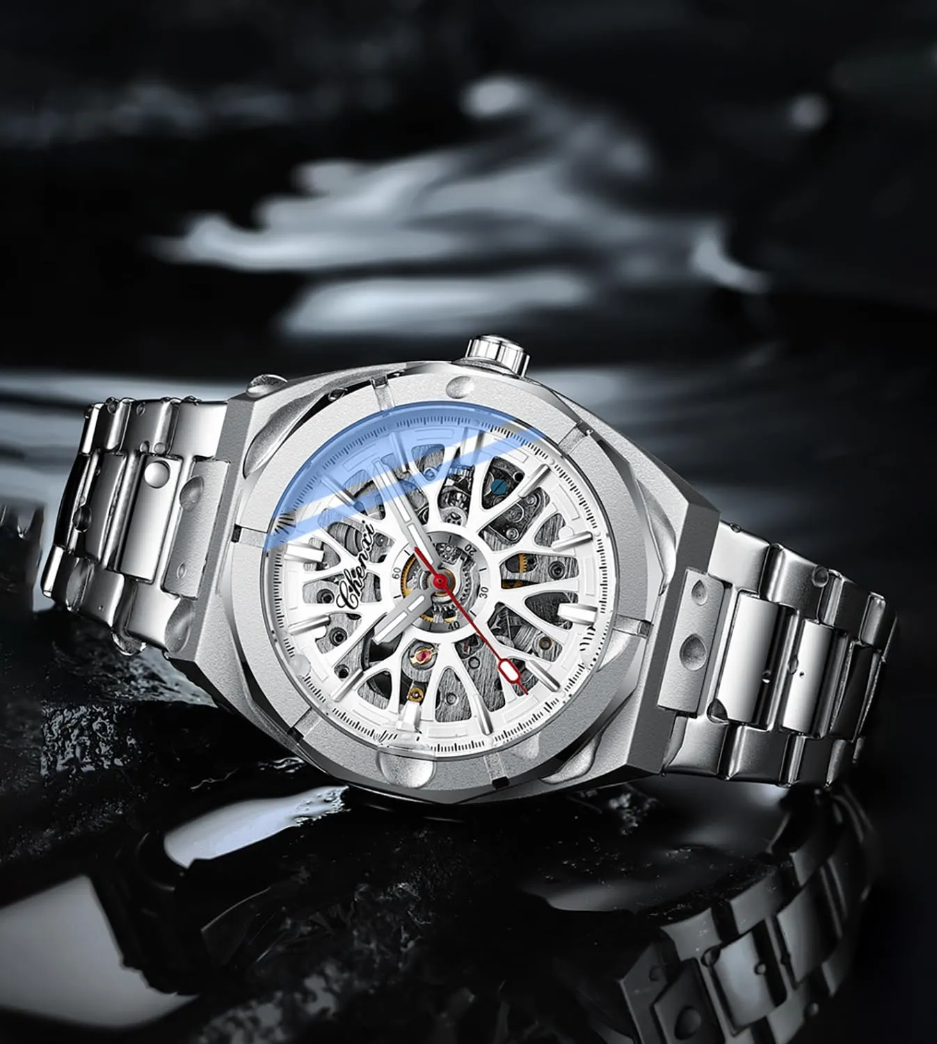 Automatic Mechanical torrent locomotion Watches Luminous Waterproof Hollow Watch Stainless Steel Analog Wristwatch BESTKANG Men's 