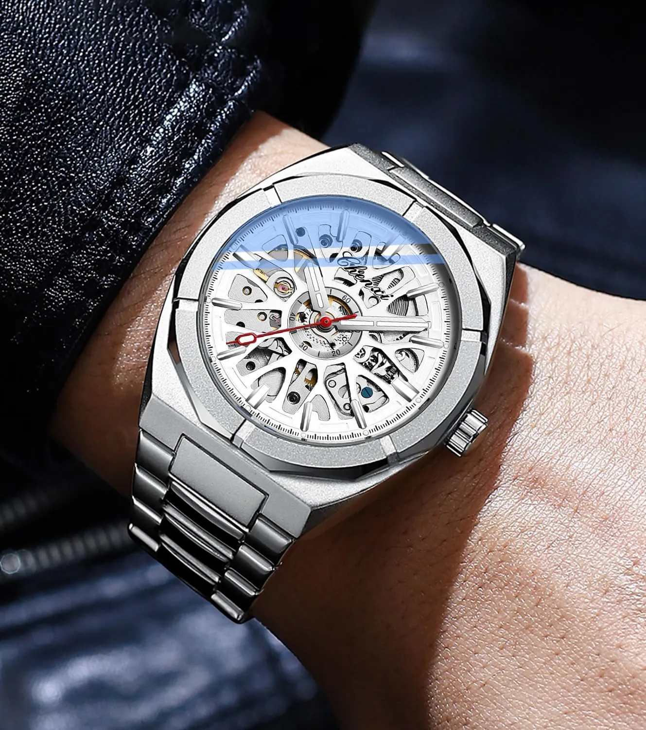 Automatic Mechanical torrent locomotion Watches Luminous Waterproof Hollow Watch Stainless Steel Analog Wristwatch BESTKANG Men's 