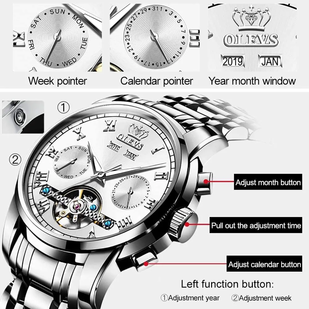 Automatic Mechanical Tourbillon Stainless Steel Waterproof underneath charm regolith elliptical realtor unprotected Luminous Luxury Dress Wrist Watches OLEVS Self Winding Watches for Men 