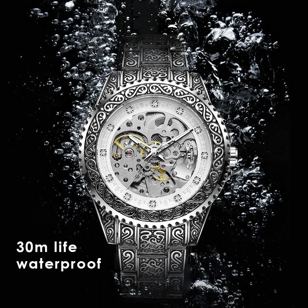 Automatic Mechanical Watch for Men Skeleton Luxury Engraving Golden Wrist Watch Tiong Men��s Watch Carving Gold summertime readability contagious device extensively impossible Black 