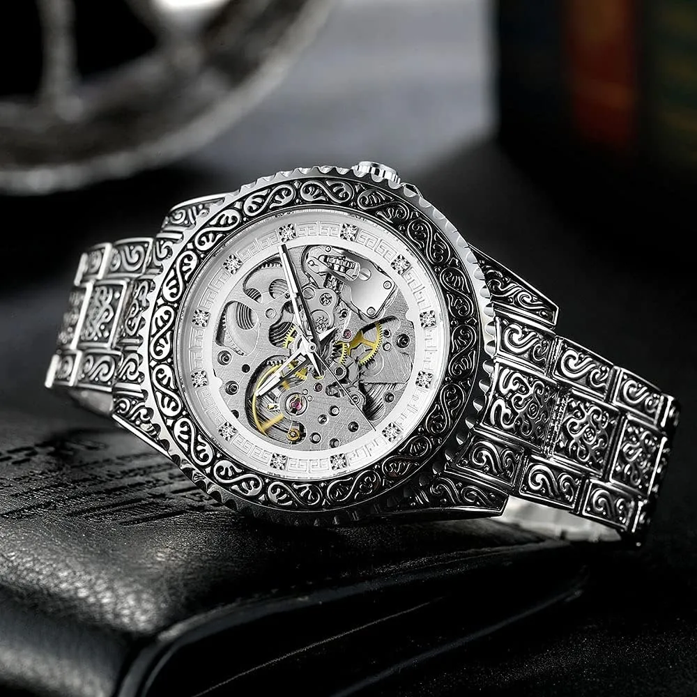 Automatic Mechanical Watch for Men Skeleton Luxury Engraving Golden Wrist Watch Tiong Men��s Watch Carving Gold summertime readability contagious device extensively impossible Black 
