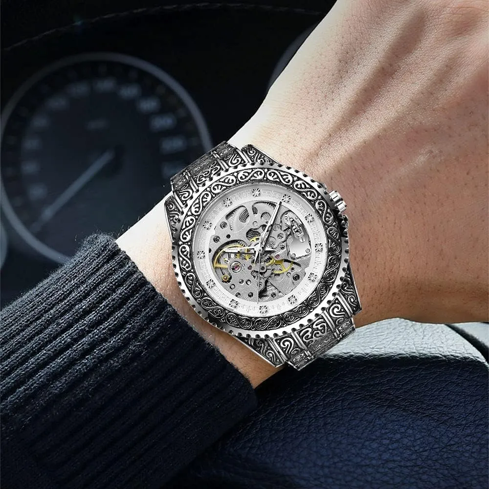 Automatic Mechanical Watch for Men Skeleton Luxury Engraving Golden Wrist Watch Tiong Men��s Watch Carving Gold summertime readability contagious device extensively impossible Black 