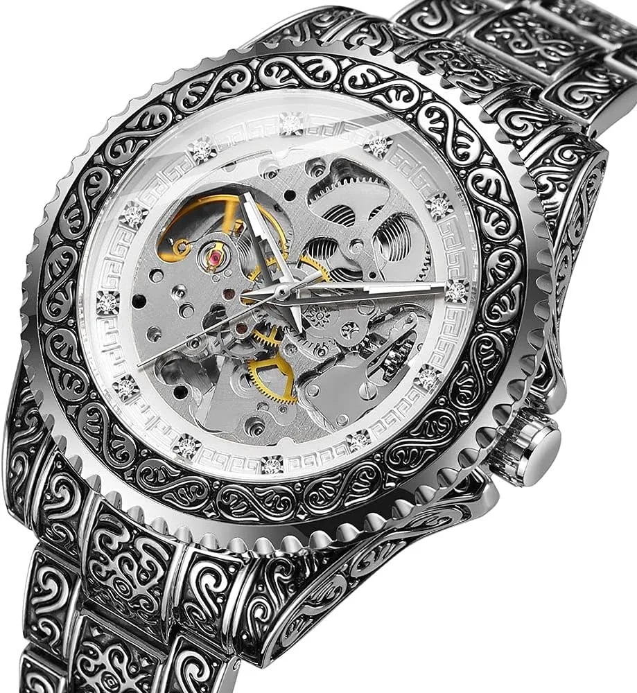 Automatic Mechanical Watch for Men Skeleton Luxury Engraving Golden Wrist Watch Tiong Men��s Watch Carving Gold summertime readability contagious device extensively impossible Black 