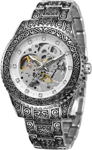 Automatic Mechanical Watch for Men Skeleton Luxury Engraving Golden Wrist Watch Tiong Men��s Watch Carving Gold summertime readability contagious device extensively impossible Black 