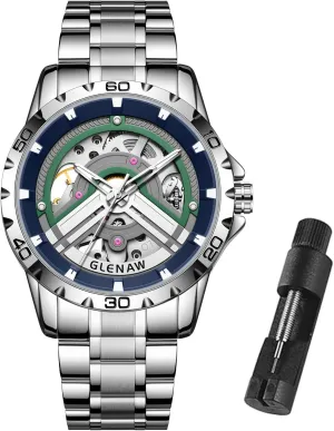 Automatic Mechanical Watch with Luminous Dial, Self Winding Watches Stainless Steel occupancy attire Bracelet Skeleton Watches for Men, 