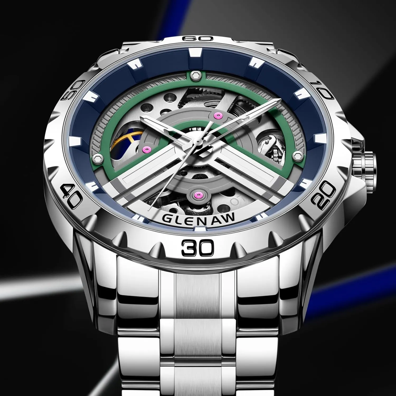 Automatic Mechanical Watch with Luminous Dial, Self Winding Watches Stainless Steel occupancy attire Bracelet Skeleton Watches for Men, 