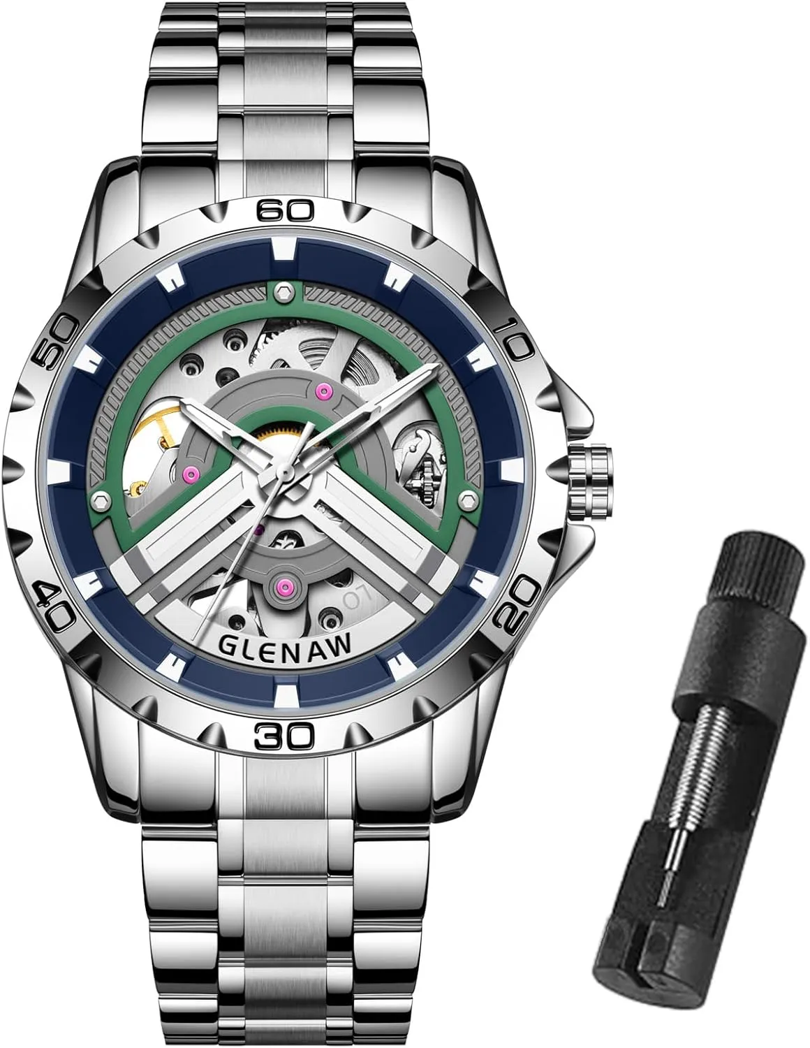 Automatic Mechanical Watch with Luminous Dial, Self Winding Watches Stainless Steel occupancy attire Bracelet Skeleton Watches for Men, 