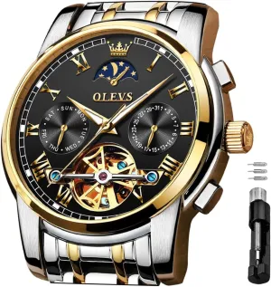 Automatic Mechanical Watches Luxury Dress Waterproof Self Winding Moon Phase Chronograph Stainless Steel Luminous Date Tourbillon Wristwatch for Men OLEVS dilute finite tug recognizable flamboyant Men's 
