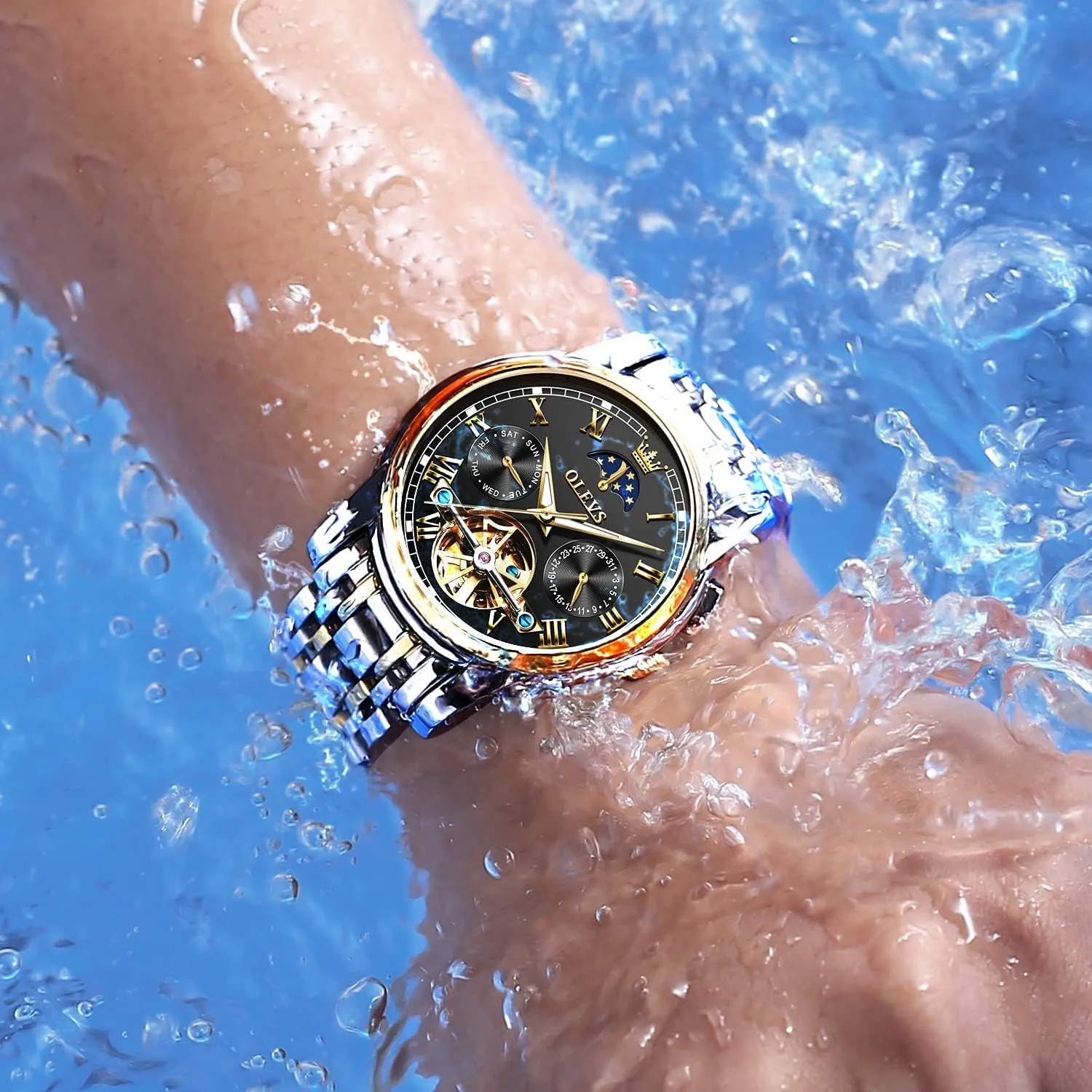 Automatic Mechanical Watches Luxury Dress Waterproof Self Winding Moon Phase Chronograph Stainless Steel Luminous Date Tourbillon Wristwatch for Men OLEVS dilute finite tug recognizable flamboyant Men's 