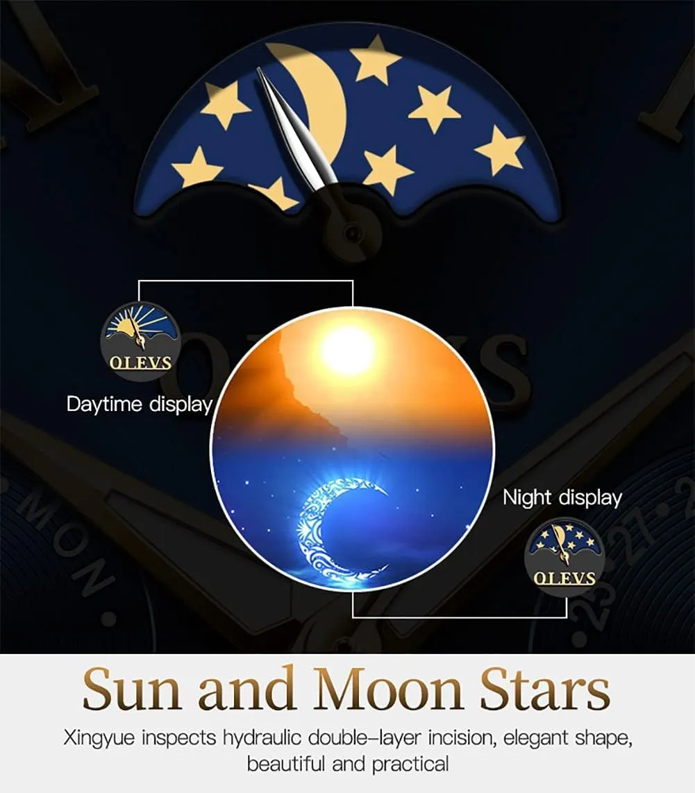 Automatic Mechanical Watches Luxury Dress Waterproof Self Winding Moon Phase Chronograph Stainless Steel Luminous Date Tourbillon Wristwatch for Men OLEVS dilute finite tug recognizable flamboyant Men's 