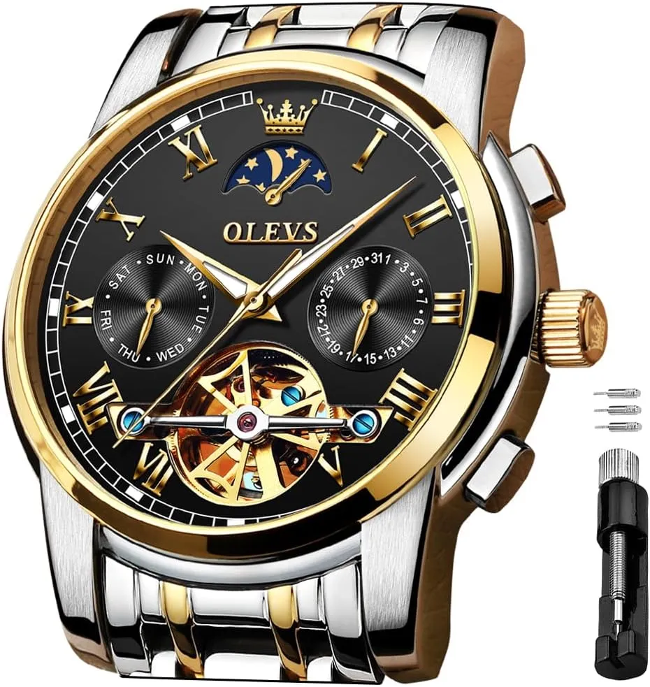 Automatic Mechanical Watches Luxury Dress Waterproof Self Winding Moon Phase Chronograph Stainless Steel Luminous Date Tourbillon Wristwatch for Men OLEVS dilute finite tug recognizable flamboyant Men's 