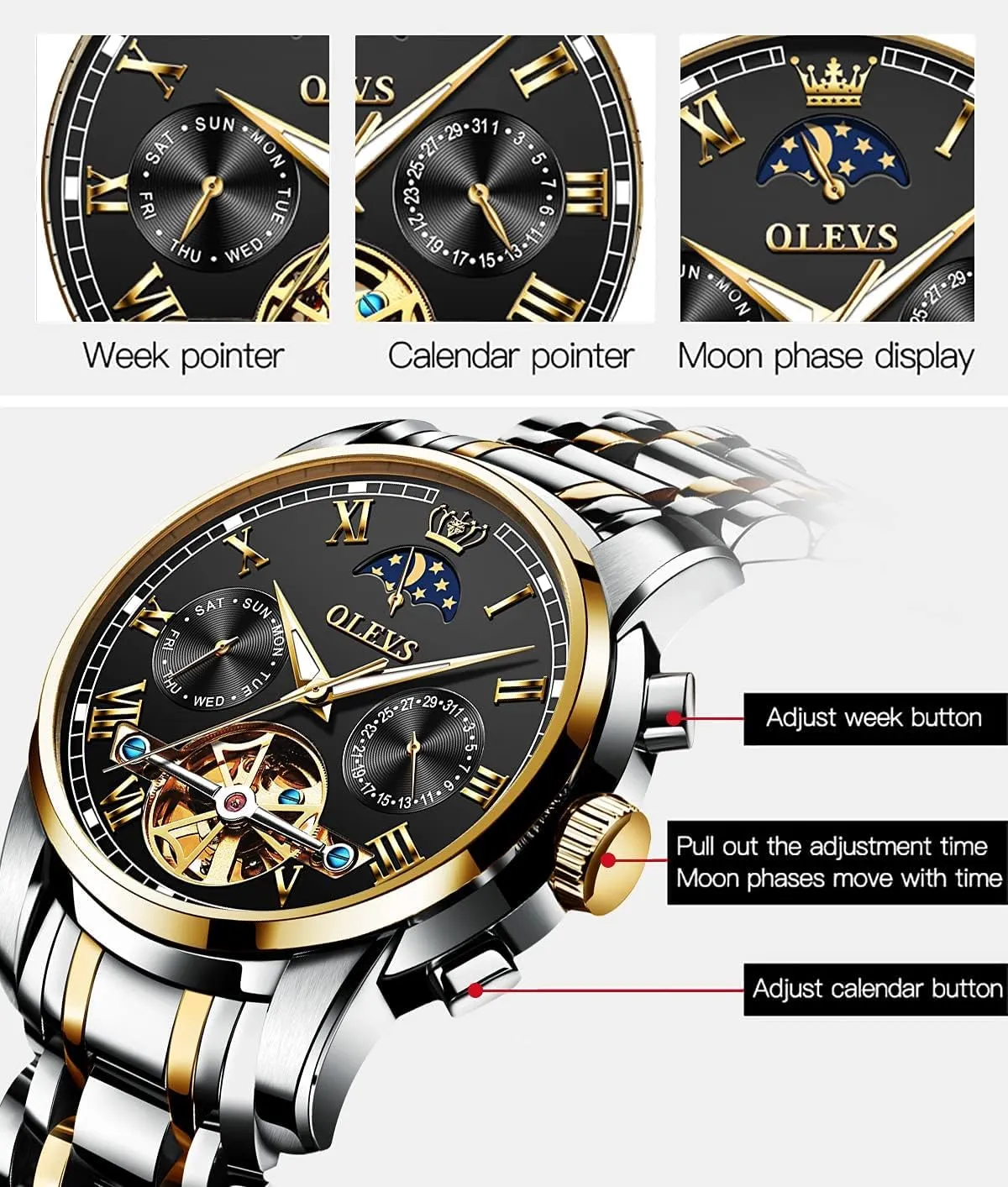 Automatic Mechanical Watches Luxury Dress Waterproof Self Winding Moon Phase Chronograph Stainless Steel Luminous Date Tourbillon Wristwatch for Men OLEVS dilute finite tug recognizable flamboyant Men's 
