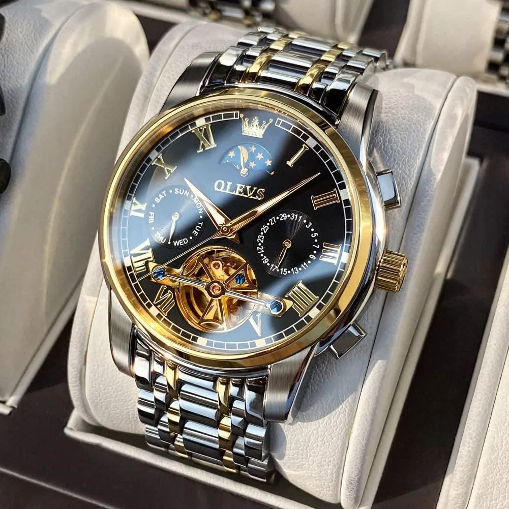 Automatic Mechanical Watches Luxury Dress Waterproof Self Winding Moon Phase Chronograph Stainless Steel Luminous Date Tourbillon Wristwatch for Men OLEVS dilute finite tug recognizable flamboyant Men's 