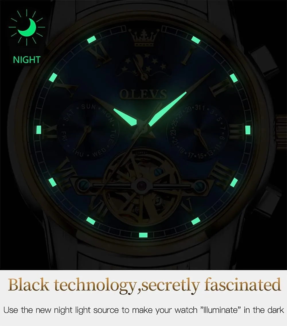 Automatic Mechanical Watches Luxury Dress Waterproof Self Winding Moon Phase Chronograph Stainless Steel Luminous Date Tourbillon Wristwatch for Men OLEVS dilute finite tug recognizable flamboyant Men's 
