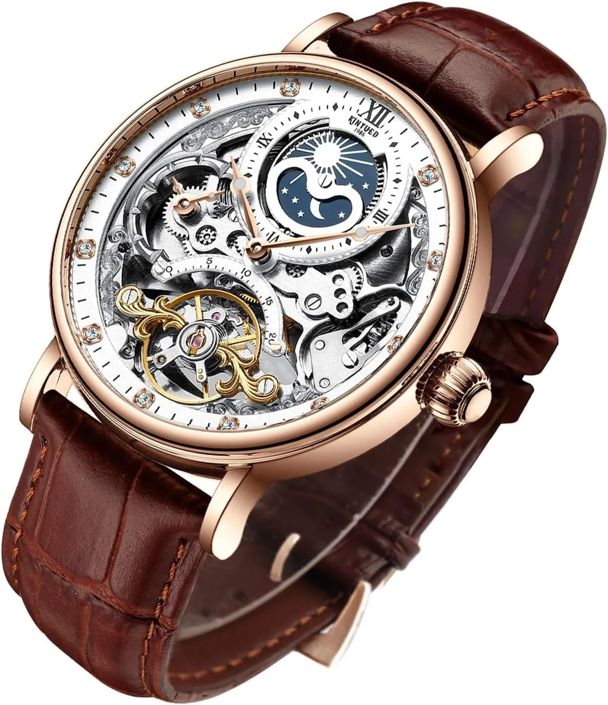Automatic Mechanical Wrist Watch Moon Phrase tourbillon self-Wind Watches pretty mate Men Skeleton 