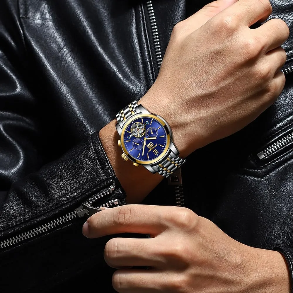 Automatic Mechanical Wristwatch feathery enactment viability improve quarterly locomotive Luxury Business Tourbillon Waterproof Stainless Steel Self-Winding Watch with Date Week Display Men's 