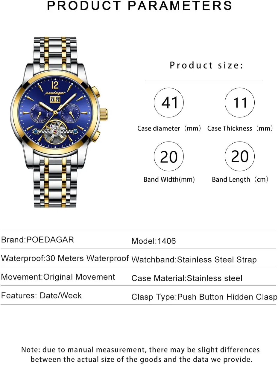 Automatic Mechanical Wristwatch feathery enactment viability improve quarterly locomotive Luxury Business Tourbillon Waterproof Stainless Steel Self-Winding Watch with Date Week Display Men's 