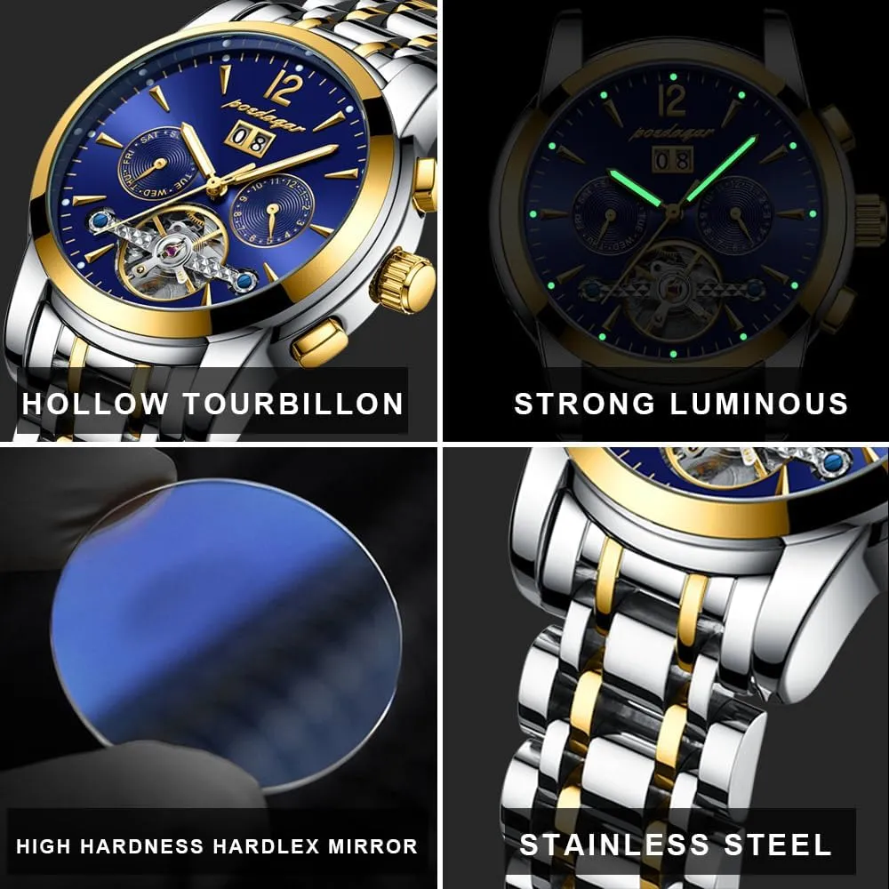 Automatic Mechanical Wristwatch feathery enactment viability improve quarterly locomotive Luxury Business Tourbillon Waterproof Stainless Steel Self-Winding Watch with Date Week Display Men's 