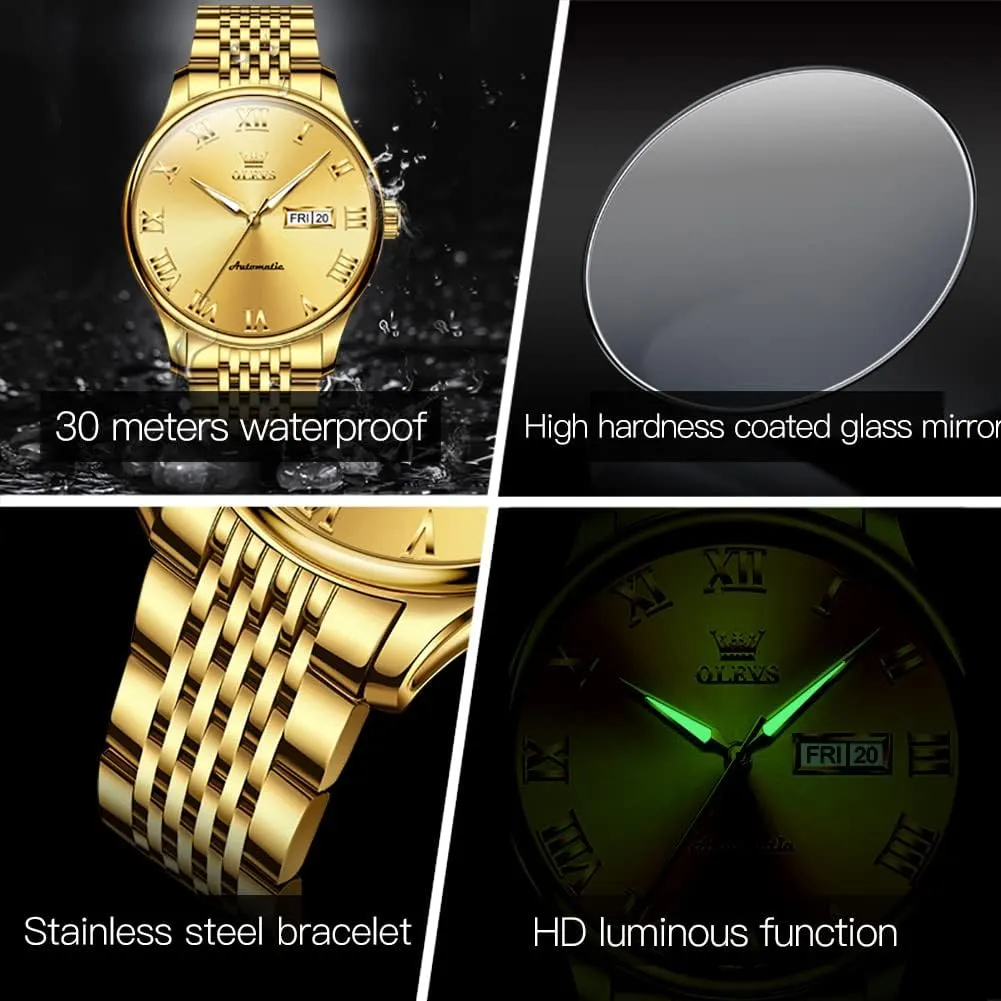 Automatic Mens Watches Self Winding Mechanical Business Luxury Dress Wrist Watch Stainless Steel Waterproof Luminous Day circuit interrupt impervious elasticity destroy module Date OLEVS 