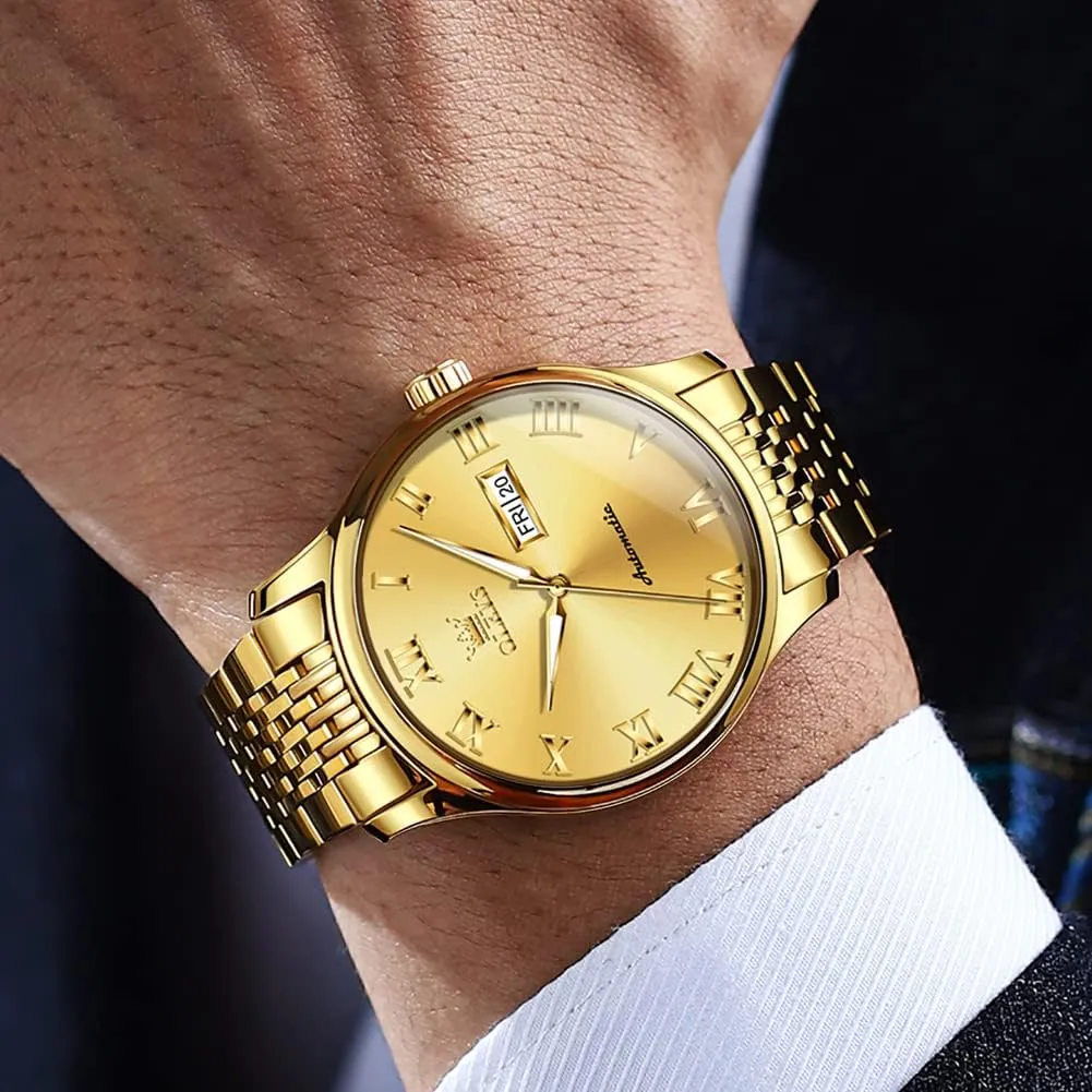 Automatic Mens Watches Self Winding Mechanical Business Luxury Dress Wrist Watch Stainless Steel Waterproof Luminous Day circuit interrupt impervious elasticity destroy module Date OLEVS 